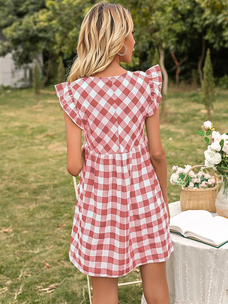 

Female Dress 2021 Summer New Plaid Dresses For Women Casual Fashion Flying Sleeve Mini Short Vestidos Lolita Kawaii Clothes Robe