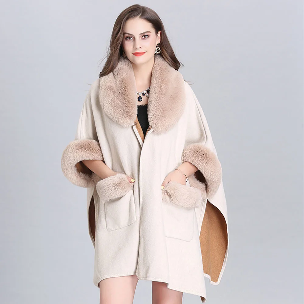 

Womens New Loose Single Button Cardigan Cashmere Capes And Ponchos Hooded Rex Rabbit Fur Collar Large Size Thicken Coat Winter