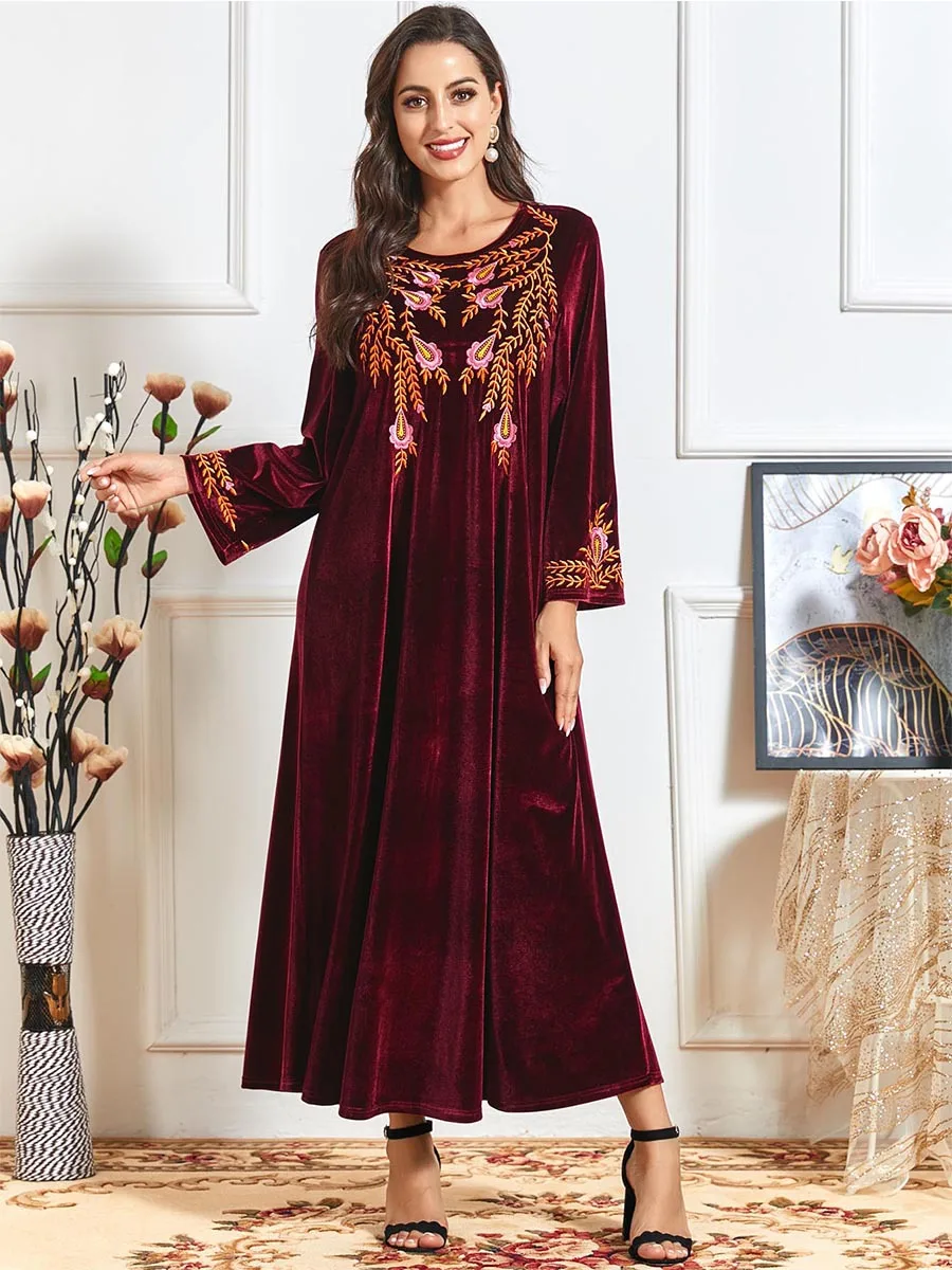 Женское винтажное бархатное платье макси с цветочной вышивкой зимнее плотное