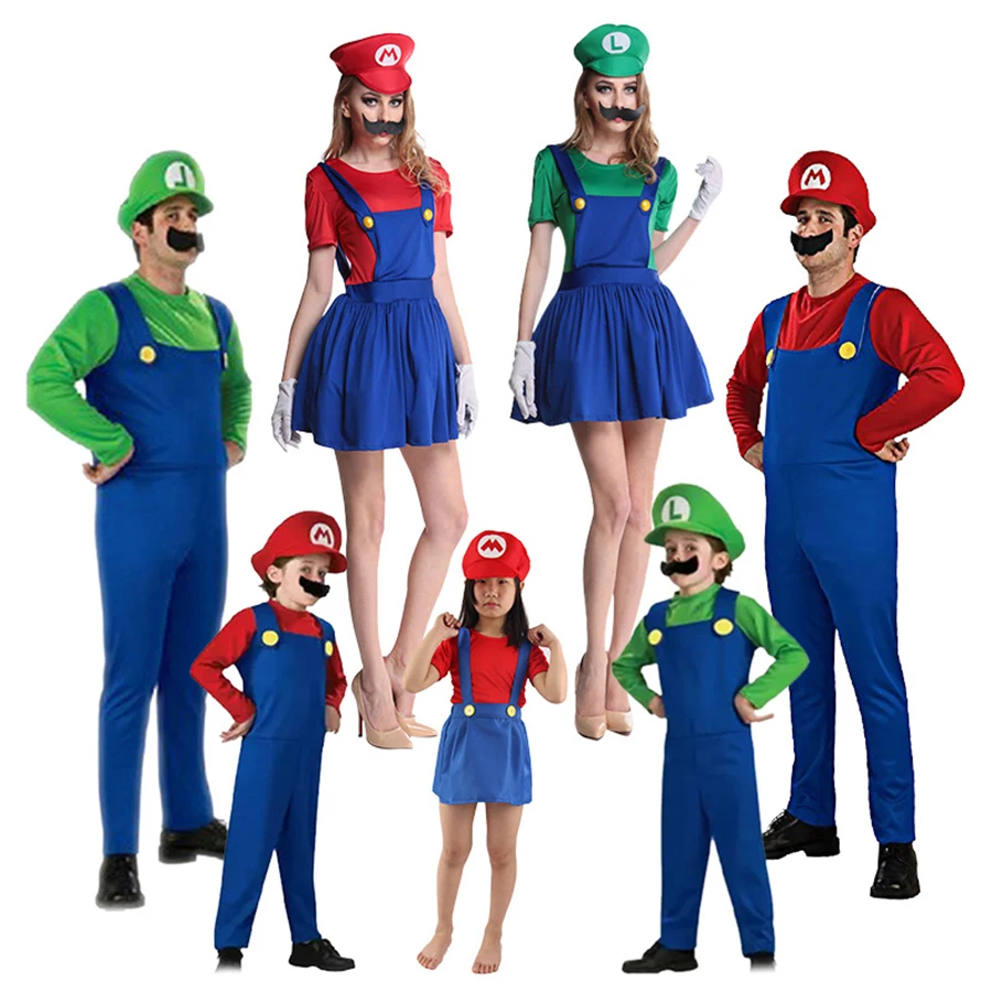 

Super Luigi Mari Brothers Costumes Cosplay Jumpsuit Mari LUIGI Bros Family Adult Kids Halloween Costume Fancy Party Dress Suit