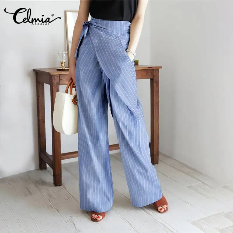 

Celmia Cotton Striped Trousers Women Fashion Bandage High Waist Pants 2021 Autumn Casual Loose Wide Leg Palazzo Vintage Pantalon