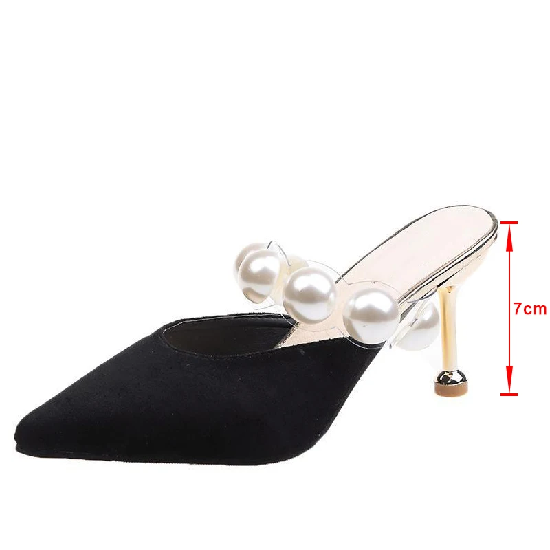 

Women Slippers 2021 New Pointed Toe Pearl String Bead Thin Heel Female Pumps Black Fashion Cover Toe Footwear Shoes For Girls
