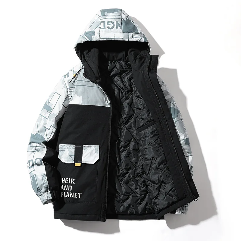 Men's Fashion Plus Size Stitching Printing Warm Jacket Youth New Thick Padded Jacket Mens Winter Coat Loose-fitting Outerwear