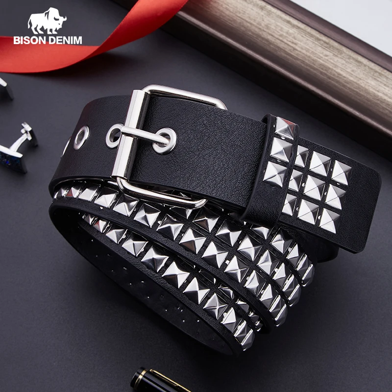 Мужской и женский ремень с заклепками BISON DENIM черный пряжкой в стиле панк