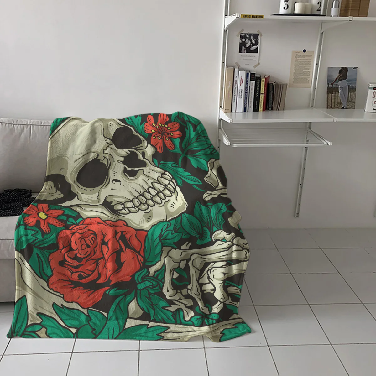 Зеленый лист роза цветок череп одеяло портативное фланелевое