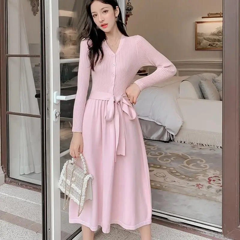 Осенне-зимнее платье-свитер макси с v-образным вырезом для женщин Ol женское