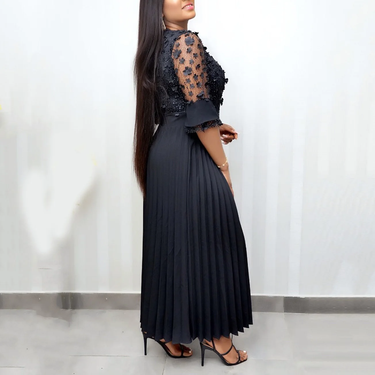 

Formal Black Dress Elegant Evening Gowns Plus Size Transparent Pleated High Waist Ankle Length Luxury Party Night Long Dress New