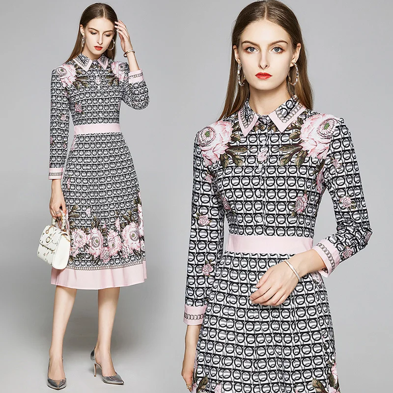 

Euro-American New England Style Design Print Knee-Length Shirt Dress Elegant Fashion Office Tunic Slim Button A-Line Party Dress
