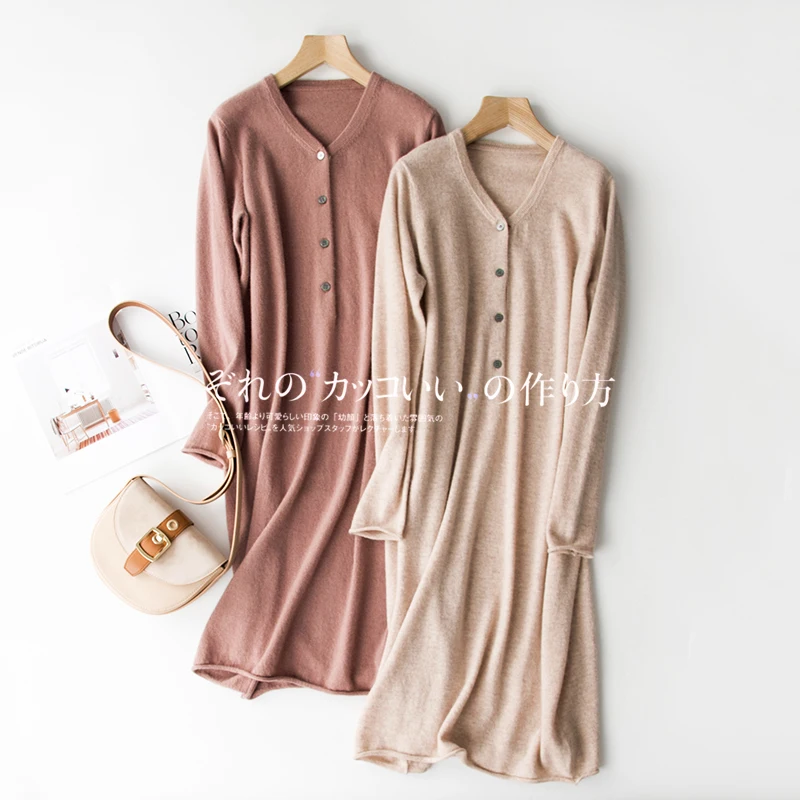 Длинный кашемировый свитер свободный тонкий сексуальный с v-образным вырезом