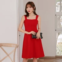 yigelila summer new arrivals red dress square collar solid sleeveless dress a line spaghetti strap knee length dress 65308