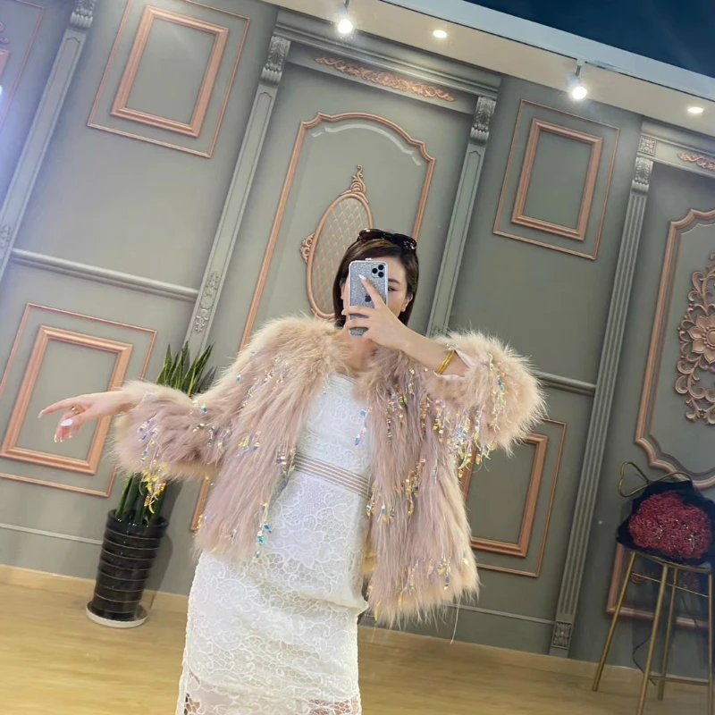 Женское пальто с мехом енота OFTBUY повседневное вязаное разноцветными ракушками