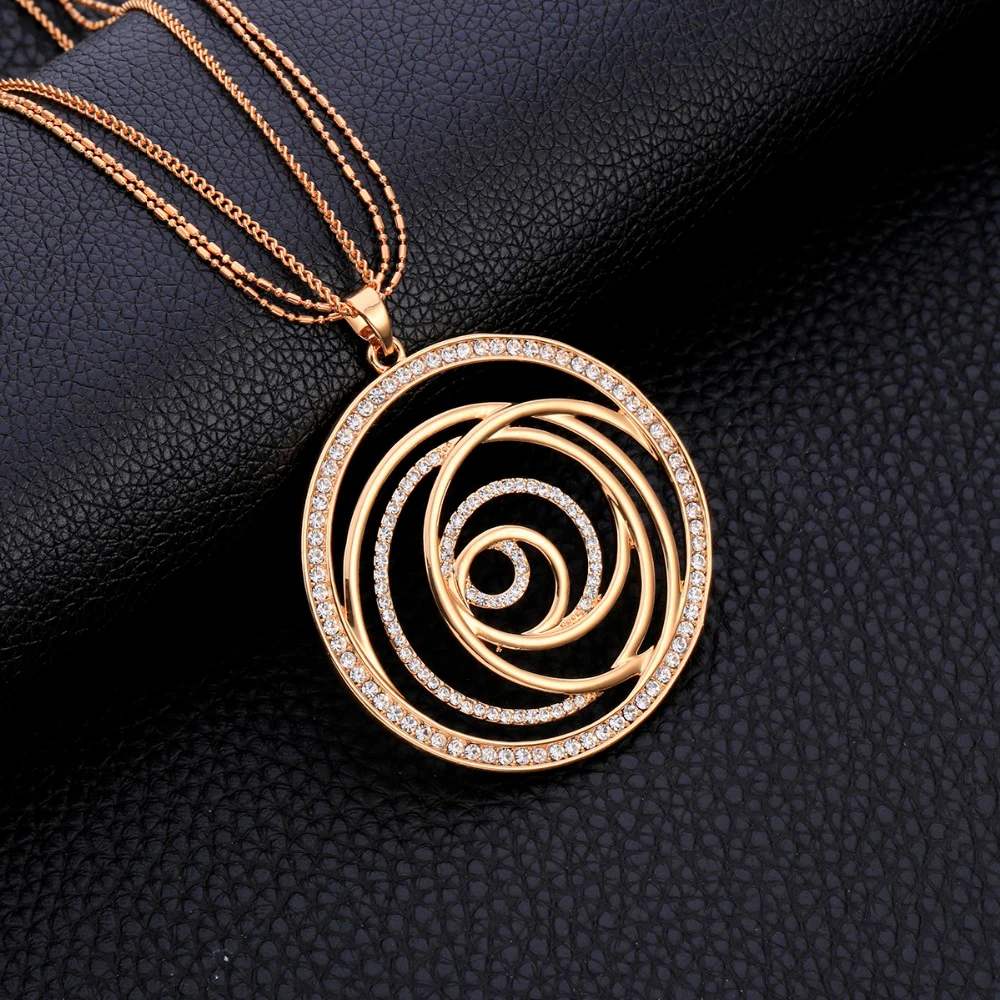 

Fashion Czech CZ Drilling Big Round Pendant Maxi Gold Necklace For Women Party Gifts Elegant Long Necklaces Jewelry Accessories