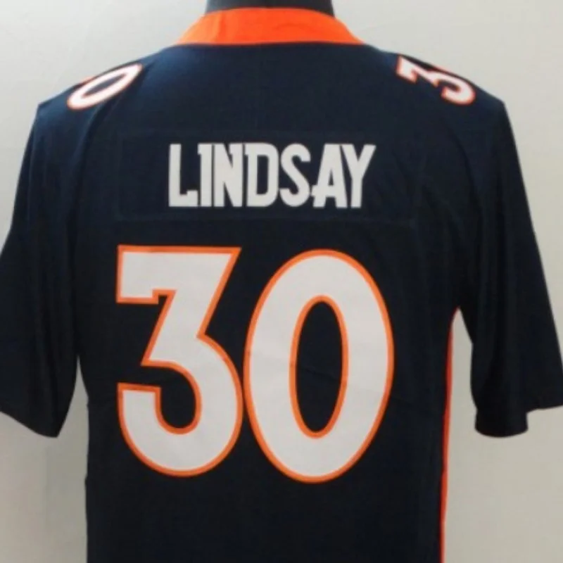 

American Stitch Lindsay 30 Blue White And Orange Embroidery Broncos Football Jersey For Mens S,M,L,XL,XXL,XXXL