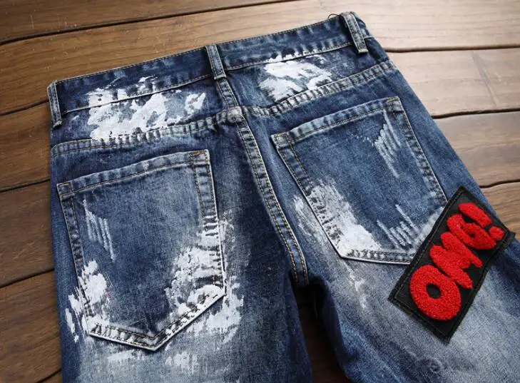 Straight calças jeans mens blue embroidered flag badge paint men's slim fit non-stretch jeans trendy men's pants autumn winter