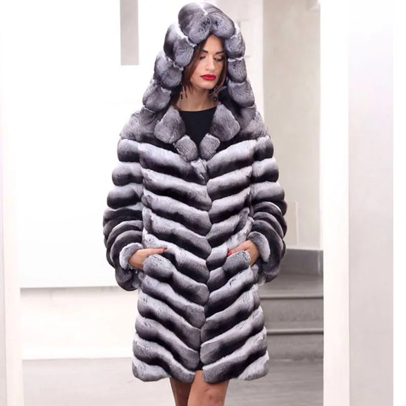 BFFUR 130cm Long Real Rex Rabbit Fur Coat With Hood Whole Skin Genuine Rex Rabbit Chinchilla Color Jacket Natural Women Overcoat