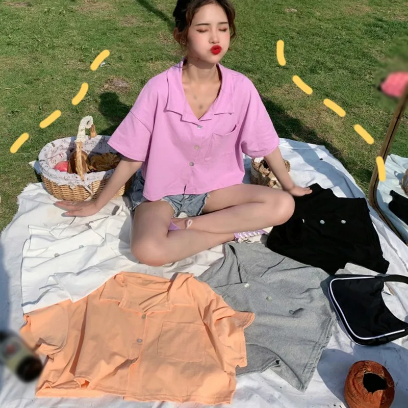 

Korean Fashion Blouse Women Summer Short Sleeve Female Clothes Loose Shirts Harajuku Solid Color Women's Shirt