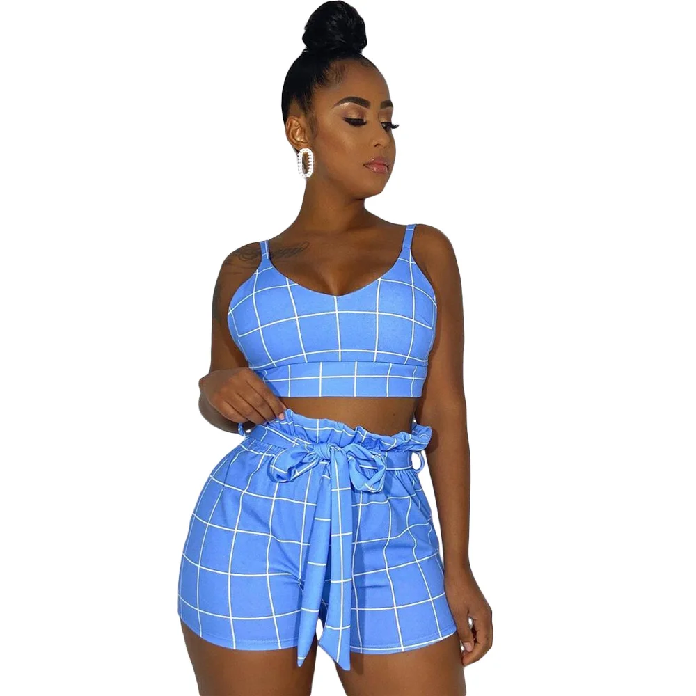 

Summer Women Set Tracksuits Plaid Print Sashes Crop Tops+Shorts Sexy Night Club Party Street Two Piece Suit Outfits
