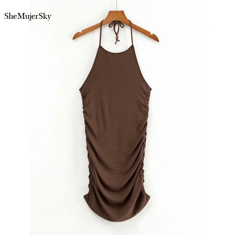 

SheMujerSky Women Halter Ruched Black Dress Summer Backless Elastic Slim Mini Dresses 2021 Solid Color Dress jurken