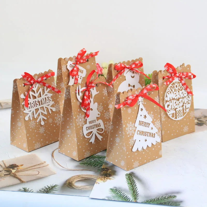 

12pcs Kraft Paper Candy Dragee Box Christmas Gift Box Packaging Craft Bakery Cookies Biscuits Wrapping Bags Xmas New Year 2022