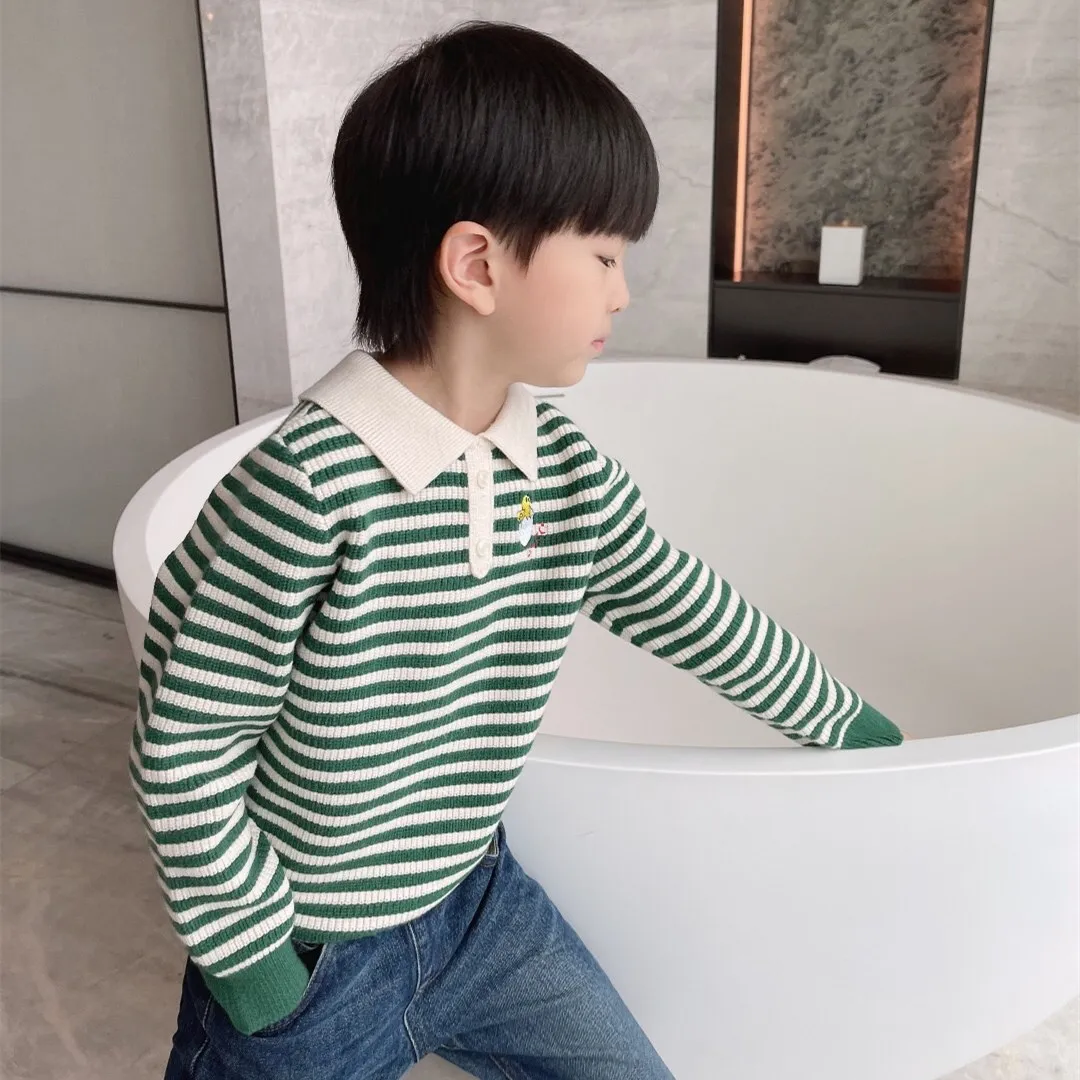 

High Quality Boys' Knitwear Fall/Winter Pullover Chest Embroidered Nestling Coarse Pattern Lapel Sweater