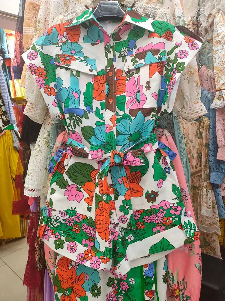 

Lapel work pockets straps waist collection retro printed cotton and linen one-piece wide-leg shorts ladies summer new fashion