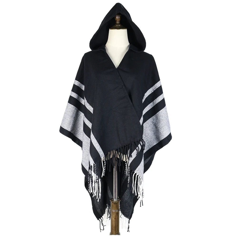 

Winter Hoody Ponchos Brand Cashmere Amice Feminina Cape Hat Shawl Inverno Stripe Wraps