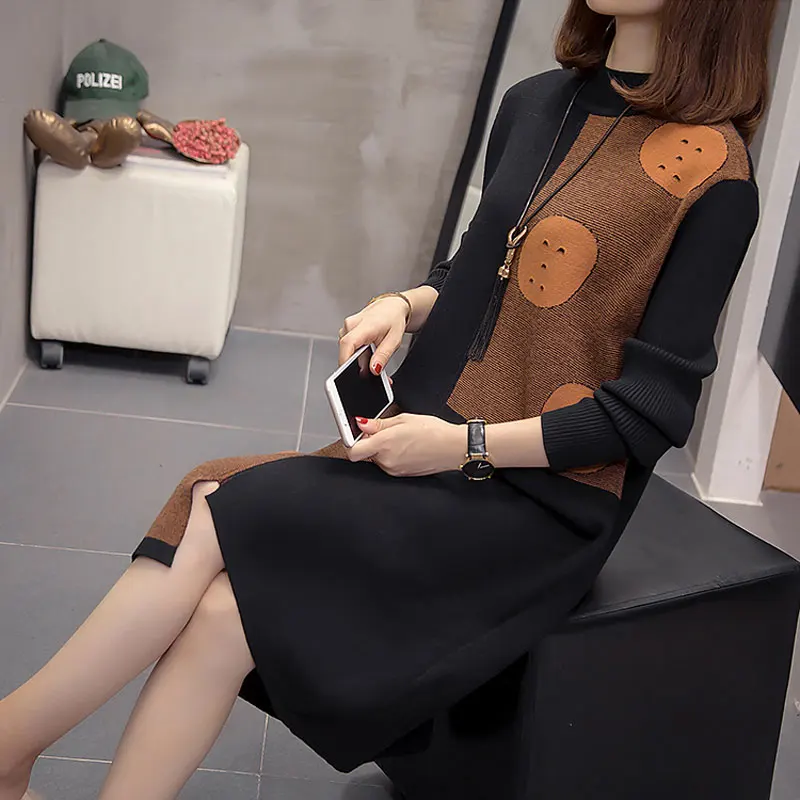 Женское трикотажное платье с цветными вставками повседневное свободное свитер