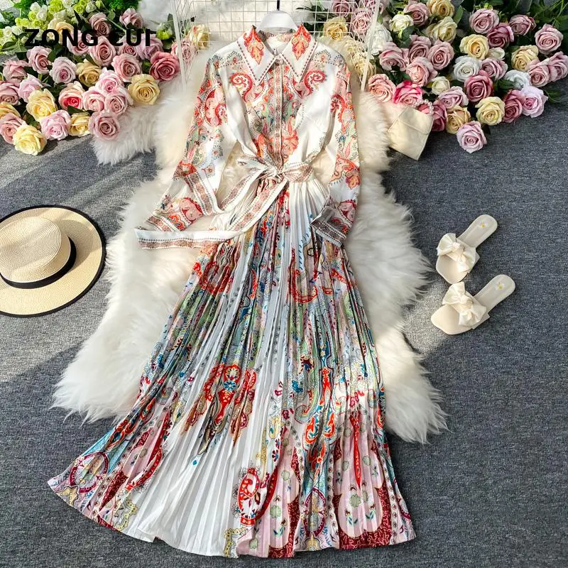 

Женское Плиссированное Платье-рубашка, элегантное облегающее платье с принтом, длинным рукавом, отложным воротником и поясом, осень 2021