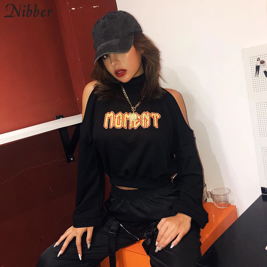 Nibber Осень Хип-хоп стиль свободная толстовка для отдыха Топы женские черные с буквенным принтом полый длинный рукав Уличная Повседневная Толстовка mujer