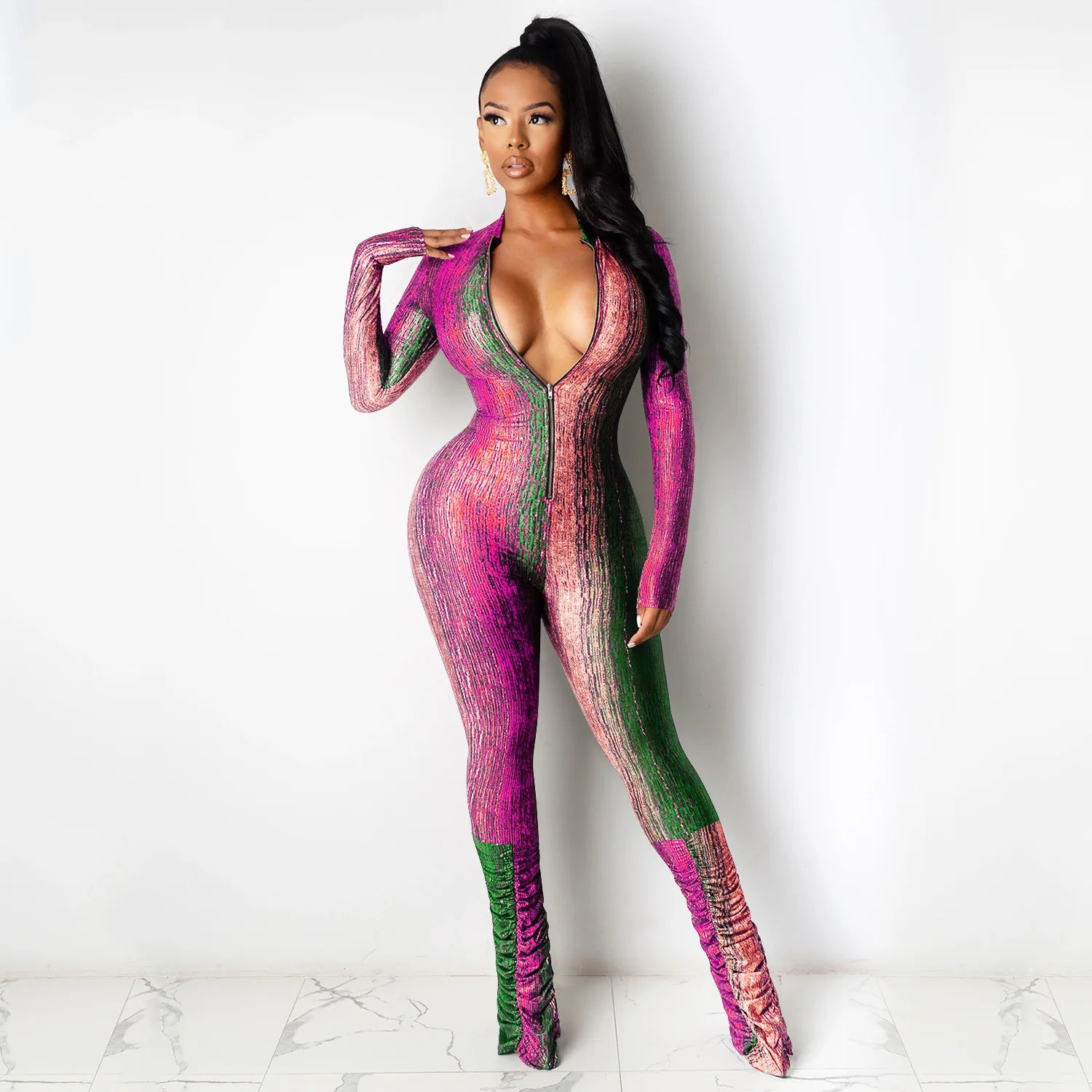 

Spring Lady One Piece Long Sleeve Skinny Rompers for Women Front Zipper Stacked Bell Bottom Sexy Club Jumpsuit Bodys Para Mujer