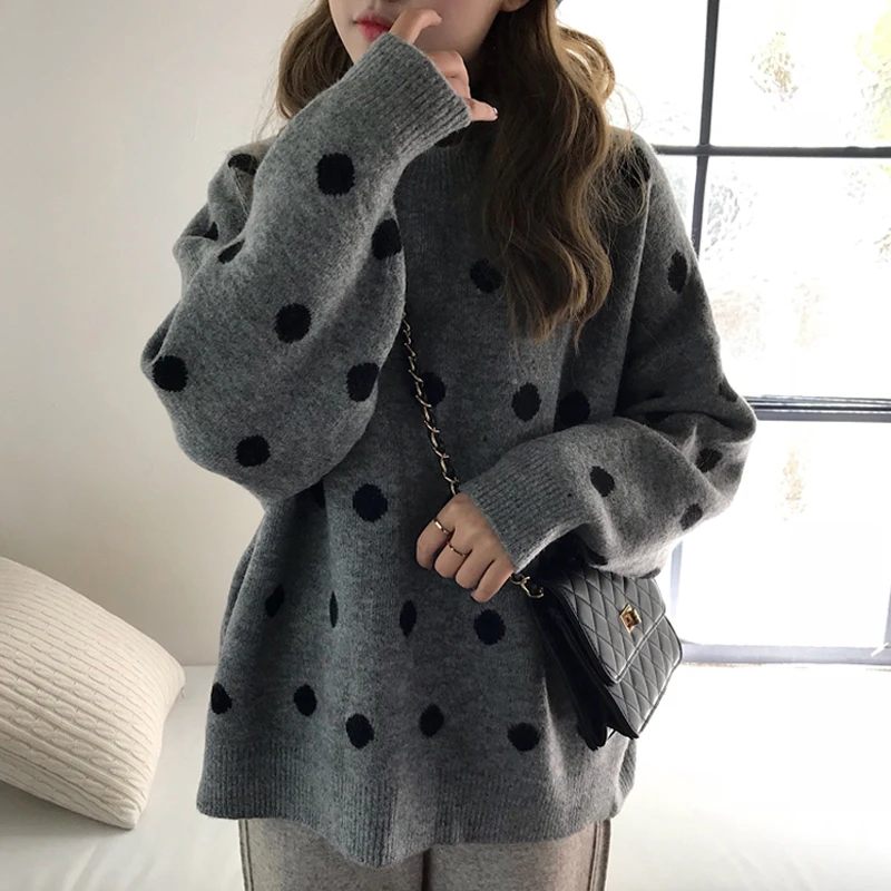 BGTEEVER Chic Polka Dots Print O-neck Women Knitted Sweaters 2019 Winter Oversize Full Sleeve Casual Female Pullover Jumpers | Женская