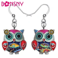 bonsny enamel alloy metal floral chubby owl earrings gifts for women girls teens charms birds fashion jewelry eardrop dangle