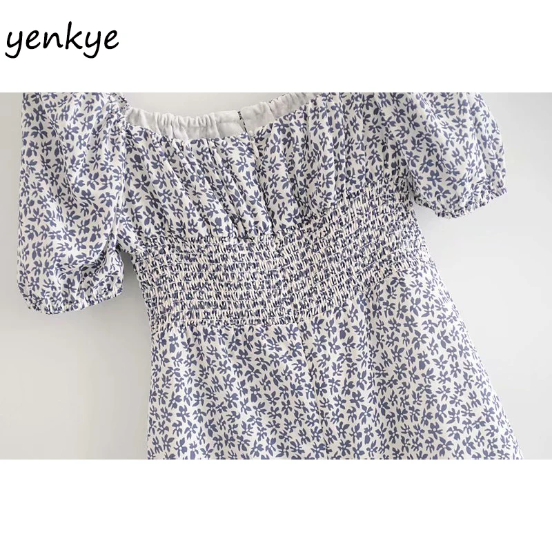 

Vintage Floral Print Dress Women Square Neck Short Sleeve Elastic Waist Slim A-line Dress Female Holiday Summer Chiffon Dress