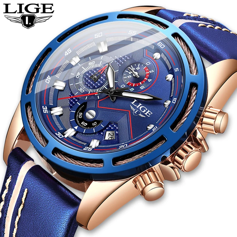 Часы наручные LIGE Мужские кварцевые модные спортивные брендовые Роскошные