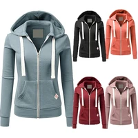 casual women autumn solid color long sleeve hoodie pockets zipper sports coat