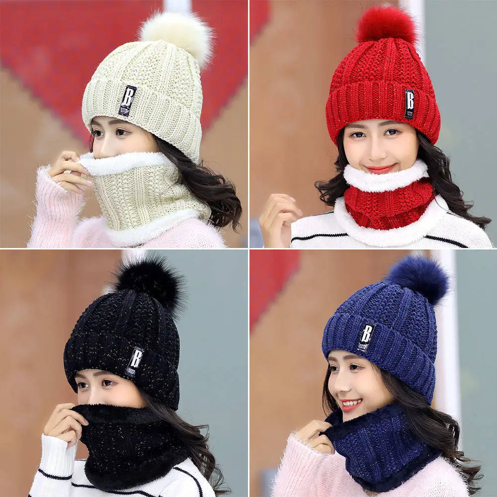 

2020 New Winter Hats Women With Bib Cute Warm Velvet Wool Hat Female Thicking Riding Windproof Knit Hat Skullies Beanie Caps Set