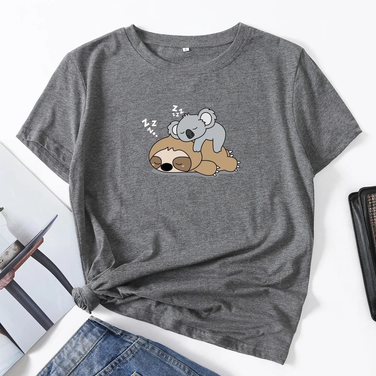

Sloth Koala Animal Napping Woman T-Shirt Short Sleeve T-Shirts Summer Tops for Women Cotton Graphic Tee Female Shirt Clothes