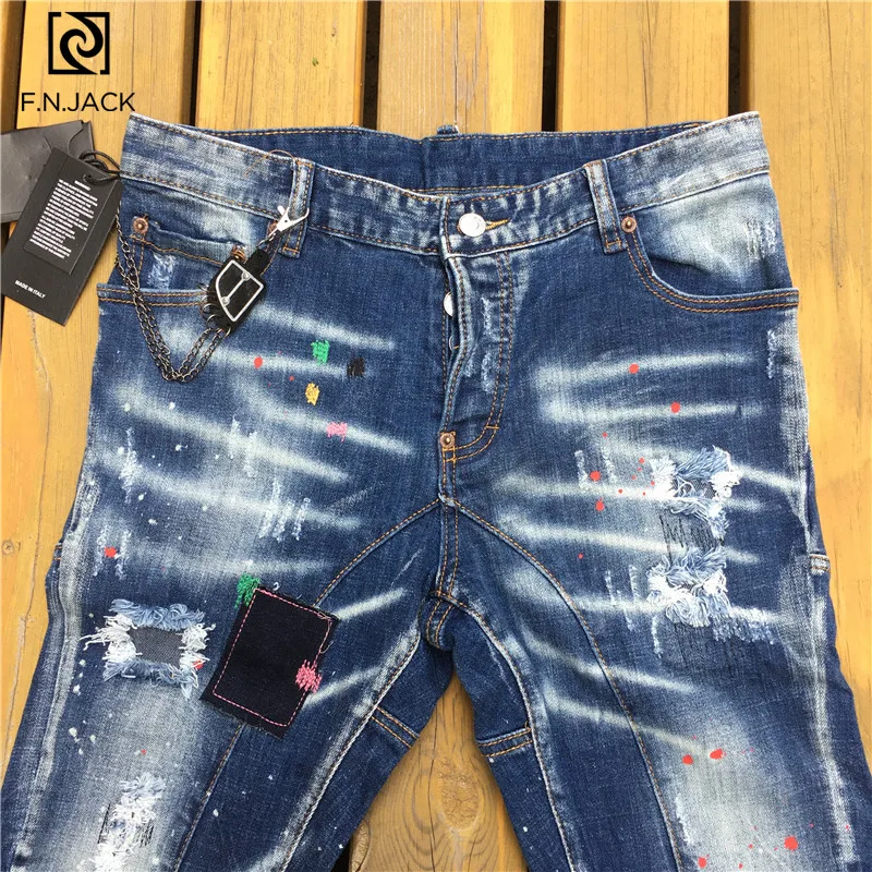 Мужские облегающие джинсы F.N.JACK стильные рваные байкерские прямые Стрейчевые на