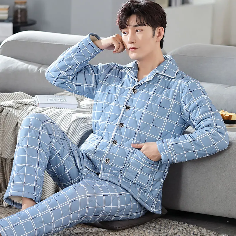 Fashion Clip Cotton Pajamas for Men Winter New Pijamas Plaid Warm Homewear Pyjamas