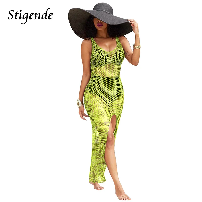 

Stigende Summer Mesh Knit Cover Up Beach Dress Women Swimsuit Crochet Tunic Sexy Hollow Out See Through High Split Long Sundress