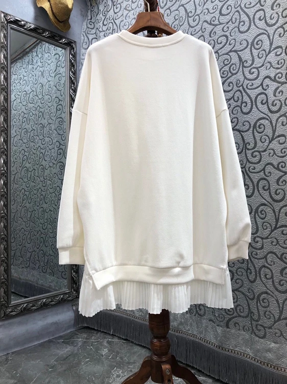 

2021 new women fashion round neck hem pleated stitching trim long-sleeved loose sweater 1020