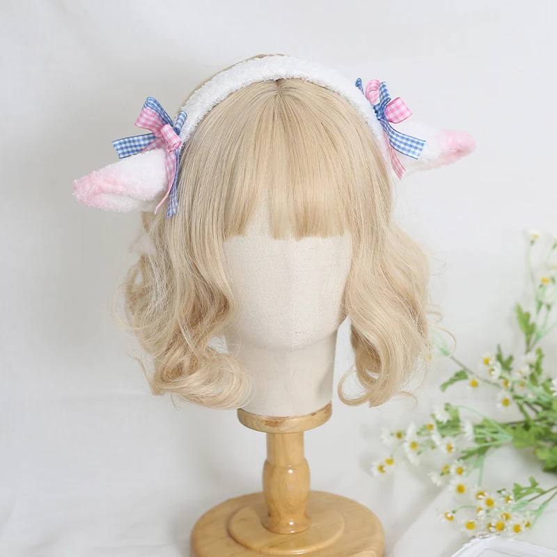 

Lolita Sweet Handmade Headdress Lamb Ear Side Clip Bow Hair Band Sheep Hair Accessories Sweet Cochlear KC