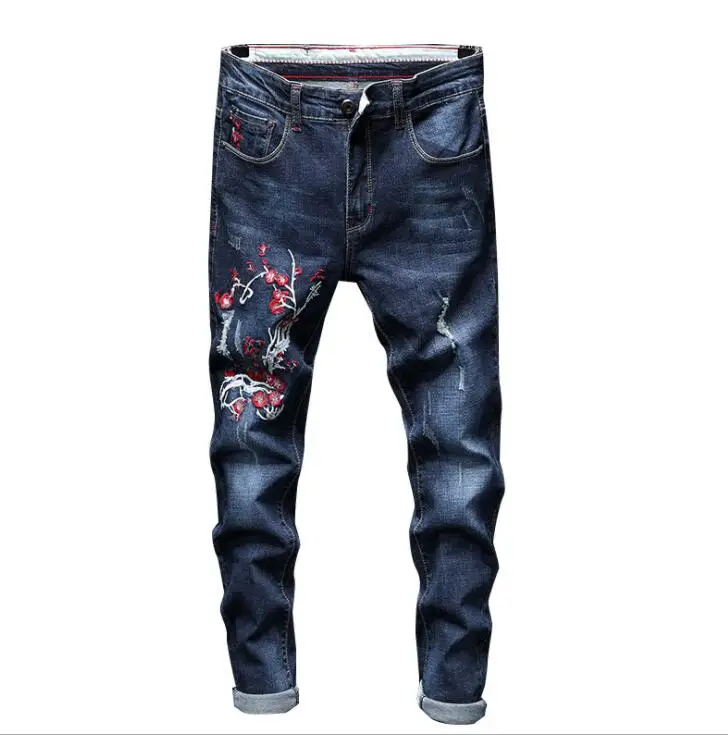 jeans embroidered mens trousers original design new European American style small straight stretch rose flower slim trendy pants