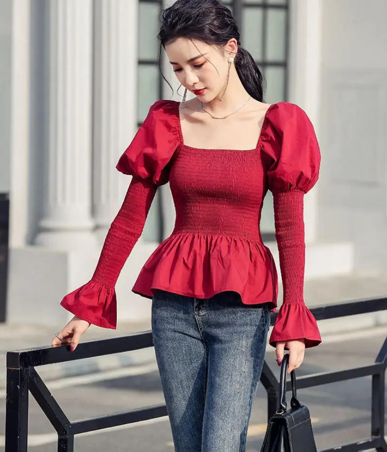 

Women Sweet Fashion Elastic Smocked Cropped Blouses Vintage Lantern Sleeve Ruffled Hem Female Shirts Chic Tops s789