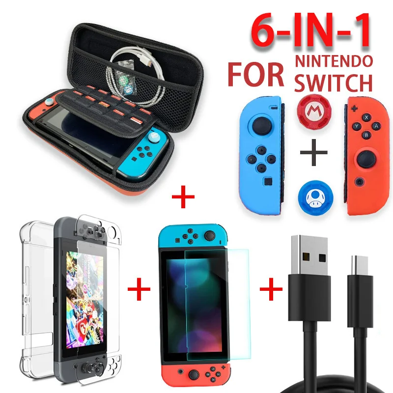 

Vogek 6 In 1 Portable Protection Bag Switch Crystal Shell Silicone Cover Mushroom Nail Accessories Set For Nintendo Switch