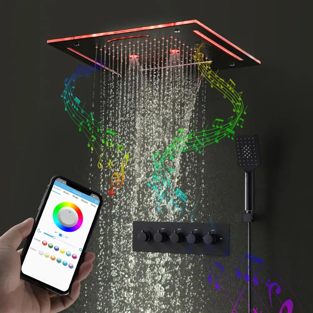 Modern Bluetooth Music LED Shower Set Matte Black Waterfall Rain Head System Bathroom Thermostatic Mixer Faucets | Обустройство дома
