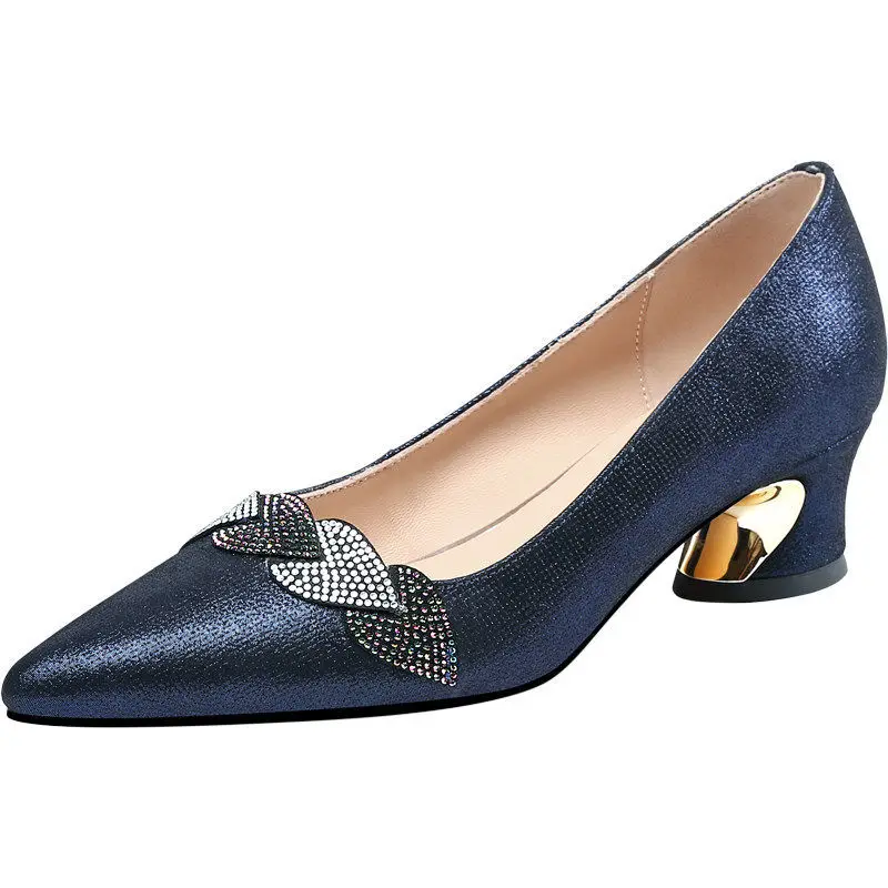 

2021 Spring Shallow out Single Shoes Woman,Pointed Toe Women Rhinestone Mid Heels for Summer,Slip On,Female Footware,Blue,RED