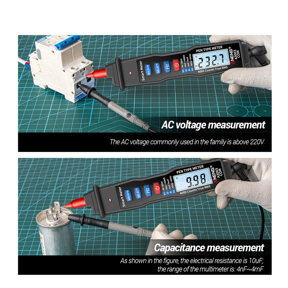 

A3003 Digital Multimeter Pen Type Meter 4000 Counts with Non Contact AC/DC Voltage Resistance Capacitance Hz Tester Tool
