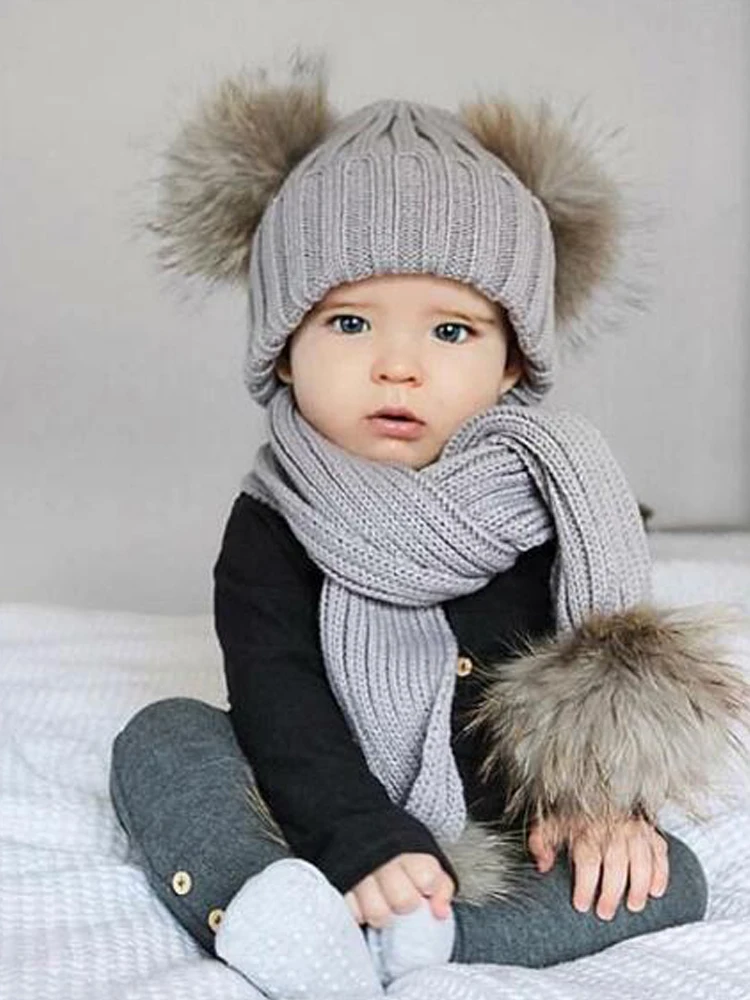 Faux Fur Pom Pom Cap for Kids Toddlers Baby Boys Girls Beanie Hat with Shiny Diamonds RAYSUN Kids Winter Knitted Hats