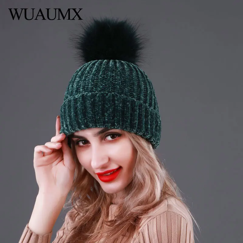 Wuaumx, брендовые вязаные зимние шапки для женщин, меховая шапка с помпоном, одноцветная, зеленая, черная, розовая, повседневная женская шапка Skullies Beanies